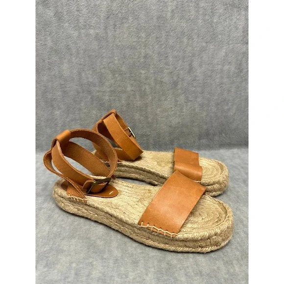 Soludos Espadrille Sandals‎ Tan Leather Ankle Strap Platform Jute Womens 5