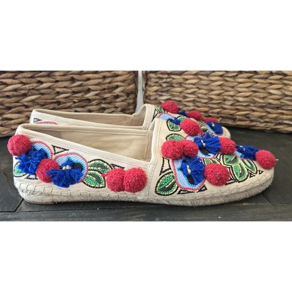 TORY BURCH Ellis‎ Pom-pom Embroidered Leather Textile Espadrille Flats 7.5 Shoes