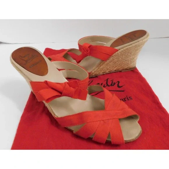 Christian Louboutin Delfin 80 Red‎ Ribbon/Rope Espadrille Sandals Wedge sz 39
