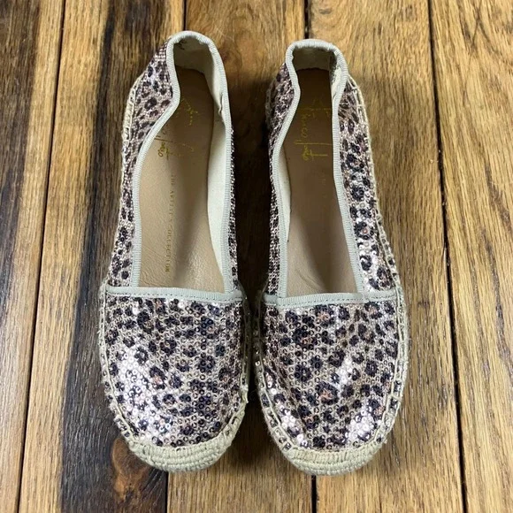 Franco Sarto Leopard Sequin Espadrille Flats Artist's‎ Collection Tan Brown 5.5