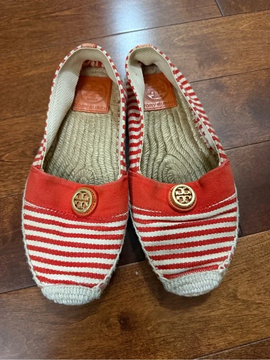 Tory Burch Red and White Striped Espadrille Flats with Gold Logo
