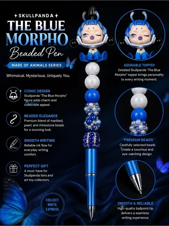 The Blue Morpho Beaded Pen - Blue mare of animals series