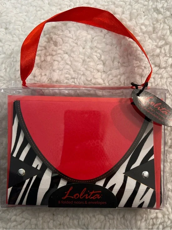 Lolita Red & Black Zebra Flocked Blank Tri-Fold Mini Purse Shaped Notecard Set