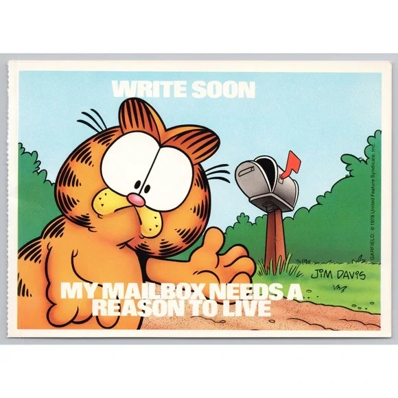 Vintage 1978 Garfield Postcard Jim Davis Write Soon Mailbox Sad Cat B1-23