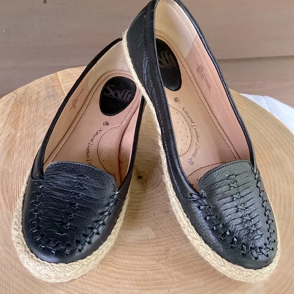 Leather Womens Black Flat Loafers with Jute Trim - Size 6.5
