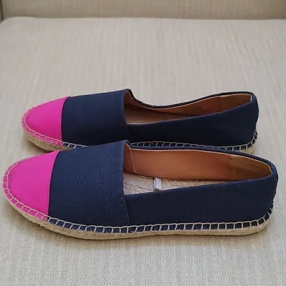 J. Crew Navy Blue Canvas Slip On Espadrilles Flats with Pink Cap Toe Size 6