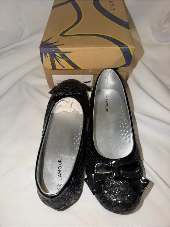 NWT L'Amour Black Sparkle Bow Mary Jane Flats - Girls Size 2 Dress Shoes