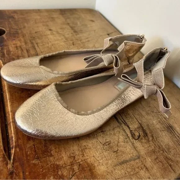 Kenneth Cole Rose Gold Metallic Ankle Strap Flats Shoes Bow Detail Girls 4.5