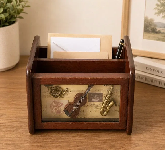 Arister Gifts 2004 Wood Desk Organizer Music Violin Saxophone Mail Pen Holder