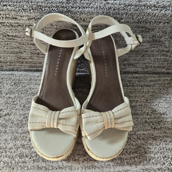 Lauren Conrad LC Women's Gwin Espadrille Wedge Sandals 7 Beige Bow NIB NWT