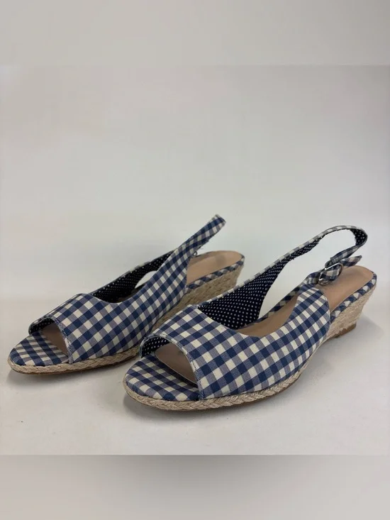 Kelly and Katie blue and white gingham espadrille wedge sandals