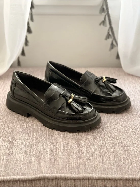 Zara Kids- Black Leather Tassel Chunky Lug Sole Loafers