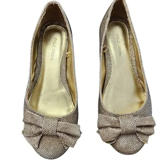Falls Creek Girls Flats Size 3 Gold Metallic Bow Shoes for Kids Sparkly