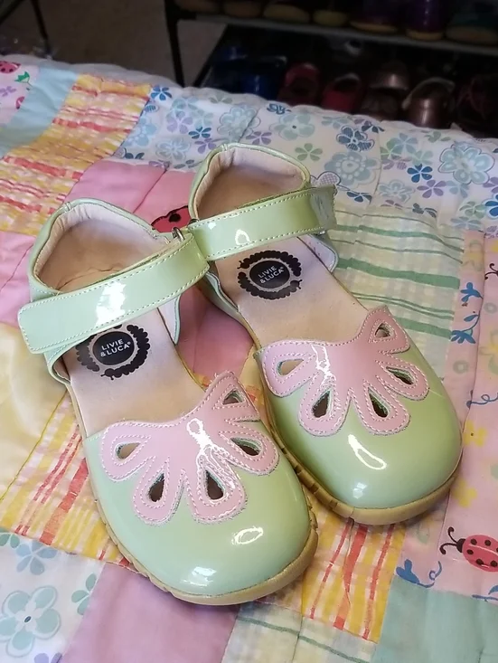 Livie & Luca Patent Leather Mary Janes in Mint Green and Pink Size 12 Petals