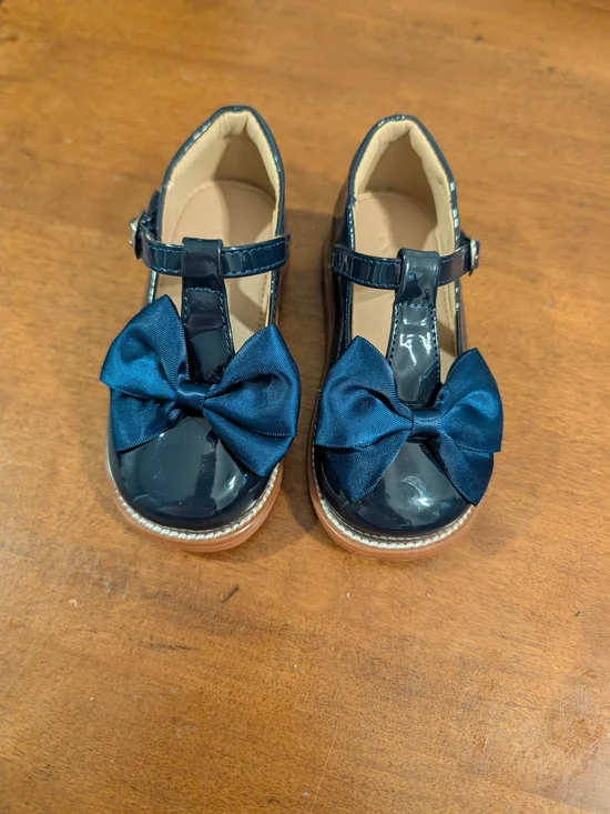 Patent Navy Bow T-Strap Girls Dress Shoes
