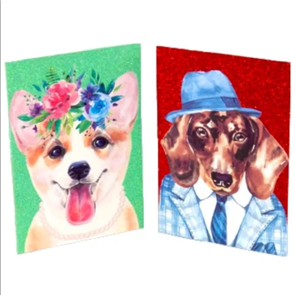 Stylish Doggies Glitter Embellished 16 Note Cards - Corgi & Dachshund