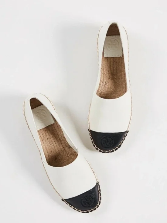 Tory Burch Cream Leather Espadrilles with Black Cap Toe Logo