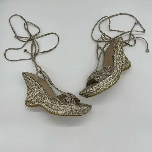 Stuart Weitzman Wishful Espadrilles Wedge Sandal - Tan Nairobi Patch - 6M
