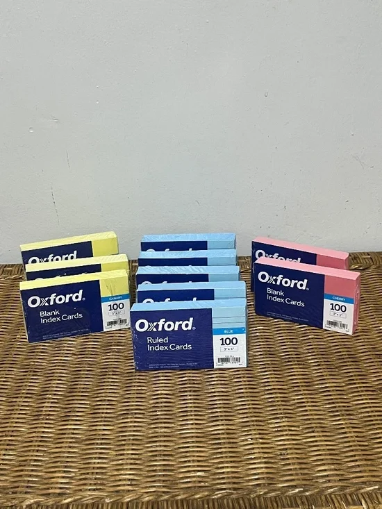 Oxford Index Cards - Blank & Ruled.  Set of 10 (3:Y, 5B, 2 P).  Sz. 3