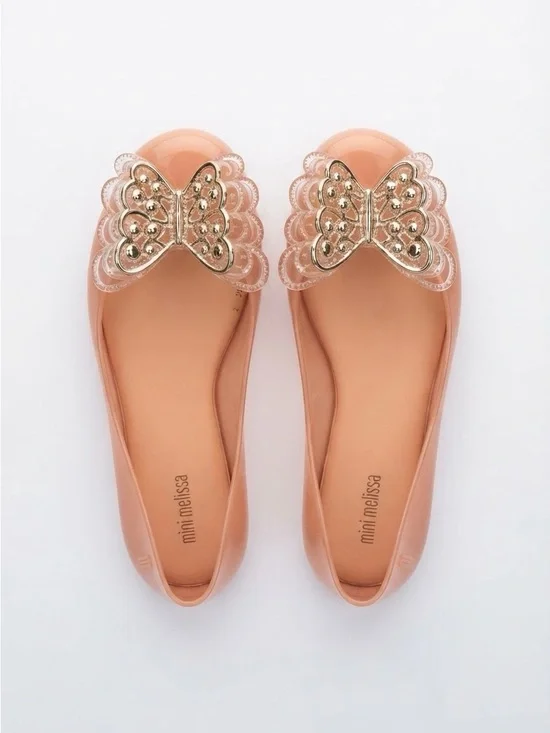 Mini Melissa Jelly Flats Shoes Pink Peach Gold Butterfly Bow Youth Size 3