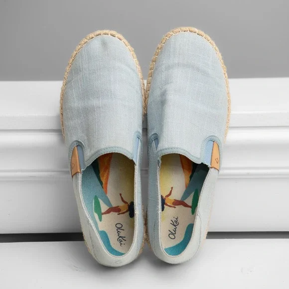 OluKai Pehuea Li Sz 9 Blue Linen Slip On Espadrille Flats Beachy Island Style
