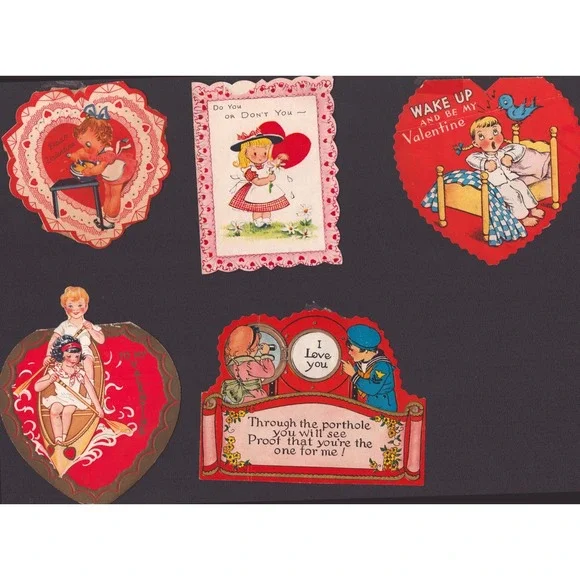 5 Vtg 1930s 1940s Valentine Die Cut Cards Scrapbook Ephemera Lot Sailor Heart
