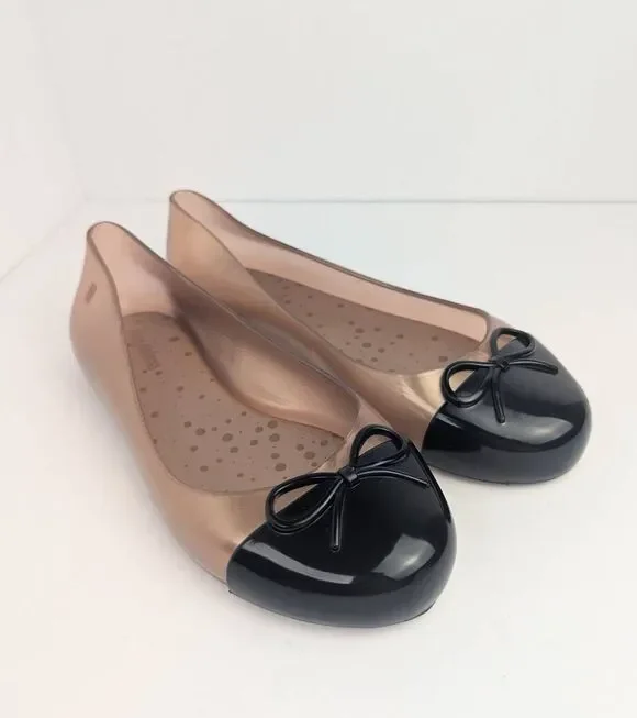 Mini Melissa Sweet Love Rose gold & black cap toe bow flats jellies girls 2
