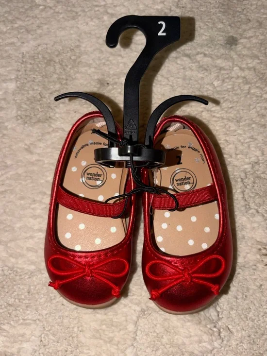 Size 2 Baby Girl wonder nation Shiny Red Girls' Mary Jane Ballet Flats with Bow