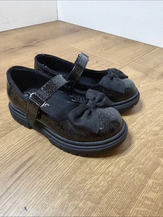 Cat & Jack Black Glitter Mary Jane Shoes with Bow Accent