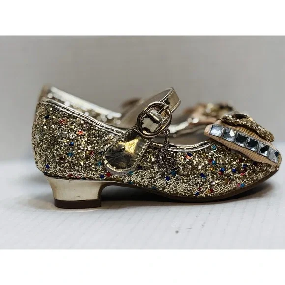 Wal-Fou Girls Gold Glitter Mary Jane Dress‎ Shoes Rhinestone Bow Size 7 Kids