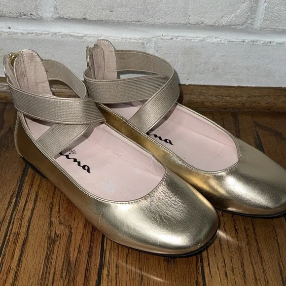 Nina Girls Dress Shoes‎ Ballet Flats Gold Metallic Leather Marissa Size 13M