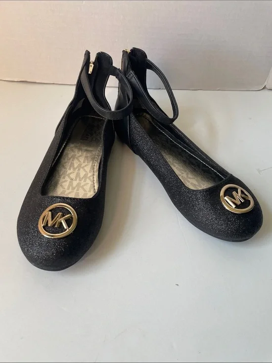Michael Kors  Youth ( Big Girls ) Size 2 Black Glitter MK Logo Ankle-Strap Flats