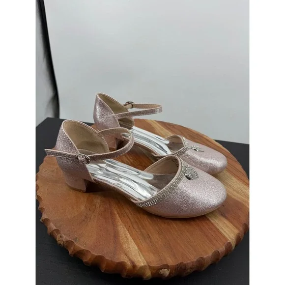 Badgley Mischka D'orsay Dress Shoes girls 4 Pink Rhinestone Heart Block Heel