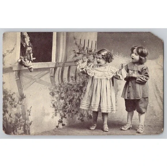 Punch and Judy‎ Puppets Children Watching Early European 1900s Postcard