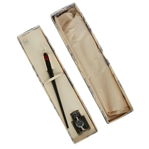 Murano Glass Dip‎ Pen Writing Set Handmade Italy Black Red Ink Boxed Gift Set