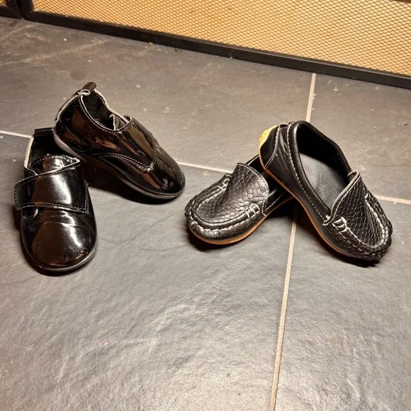 Baby Toddler Boys Black Dress Shoe Bundle Leather & Faux Croc‎ Loafers Size 2