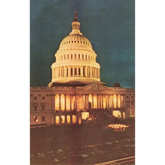Vintage US Capitol at Night Postcard US Marine Band Concert Washington DC Chrome
