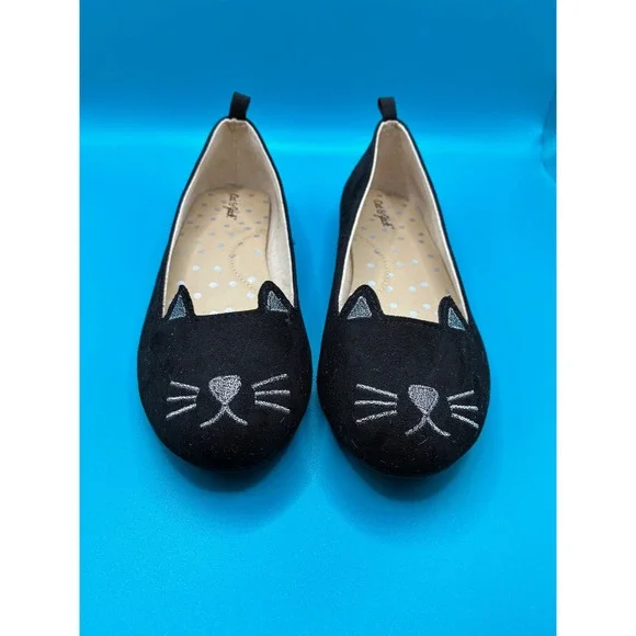 Cat & Jack Girls Black Cat Face Ballet Flats Silver Glitter Accents Size 1