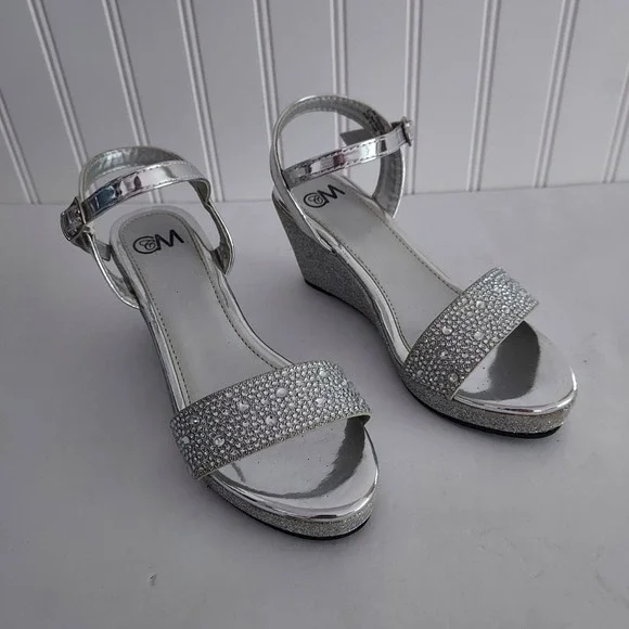 Chelsea Moreland Wedges Girls Size 2 Silver Ankle Strap Open Toe Glitter Jewel