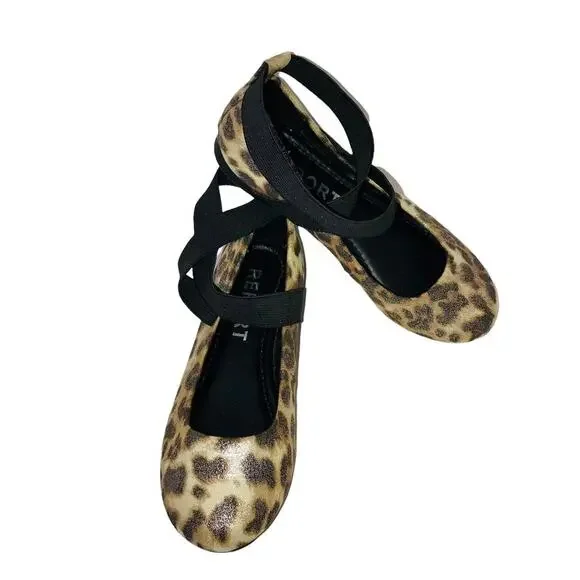 Report Girls Animal Print Ankle Elastic Wrap Strap Flats Size 12 NWOT