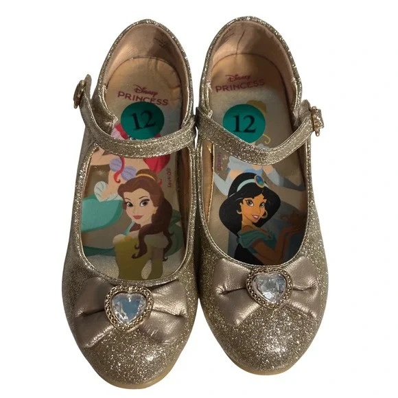 Disney Princess Mary Jane Heels Kids Size 12 Gold Glitter Heart Bow Excellent