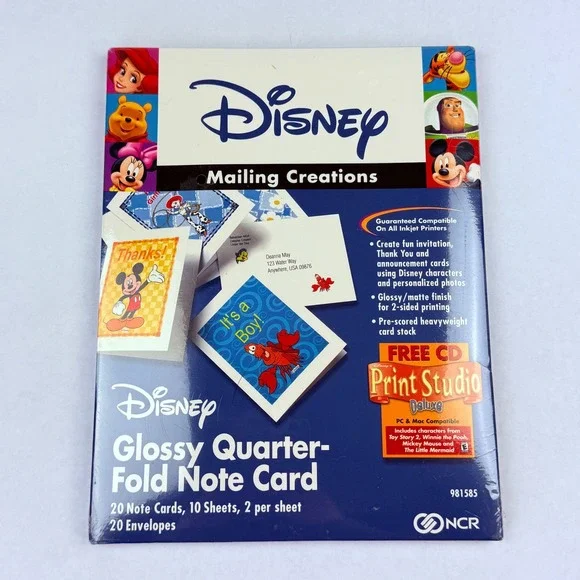 Disney‎ Mailing Creations Glossy Quarter-Fold Note Card Kit NCR 981585 VTG 2001