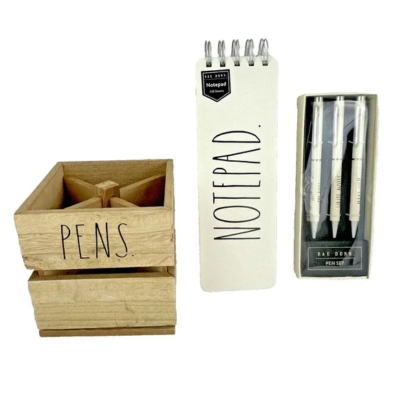Rae Dunn Notepad and‎ Pen Set with Wooden Desk Organizer