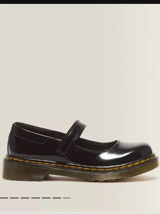 Dr. Martens Girls Black Patent Mary Jane Shoes with Yellow Stitching