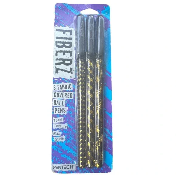 Vintage 1991 Pentech Fiberz Fabric Covered Ballpoint Pens 3 Pack‎ Gold Black 90s