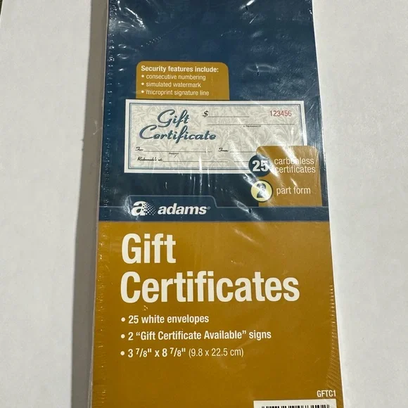 Adams Gift Certificates 2 Part Carbonless 25 with Envelopes