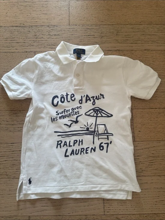 POLO RALPH LAUREN Boys White Cotton Polo with Navy Cote d'Azur Graphic, sz 10-12