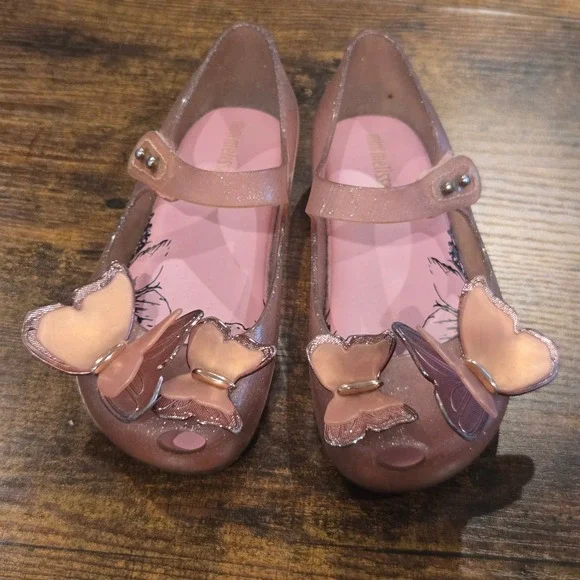 Mini Melissa Ultragirl Butterfly Rose Gold Glitter Jelly Shoes Flats Kids 10c‎