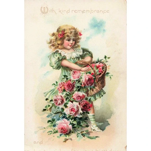 Antique Raphael Tuck & Sons Embossed Birthday Postcard Girl Basket Pink Roses
