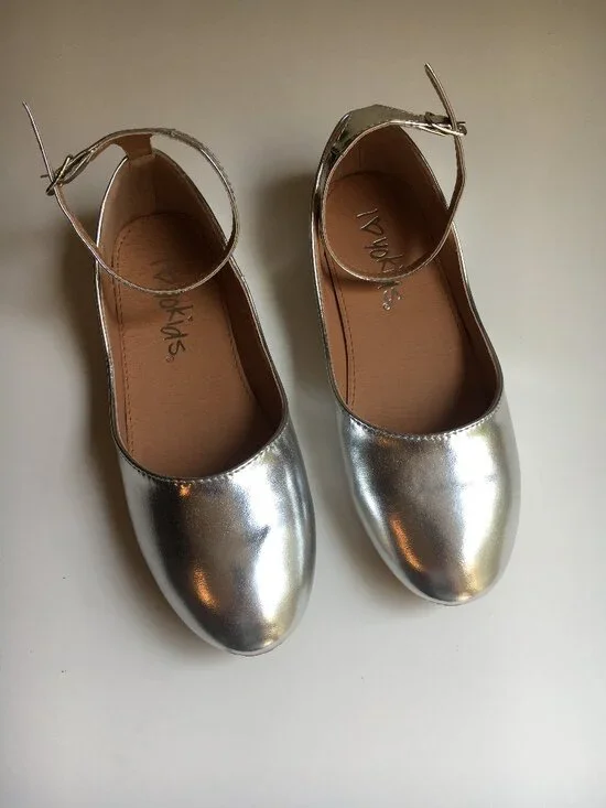 New Metallic Silver Ballet Flats Shoes 4 Ankle Strap Shiny Dress Party Wedding